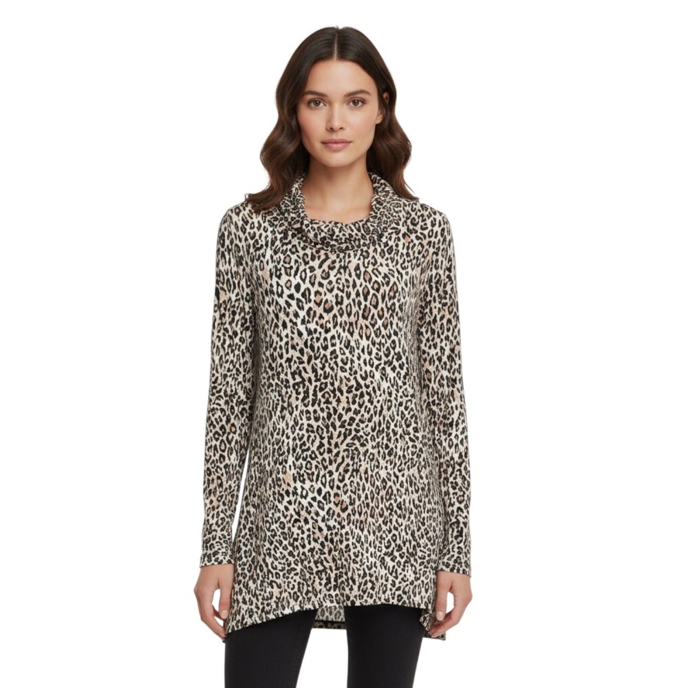 Cuddl Duds Softwear Leopard Print Cowl Neck Tunic Top Women's M High Low Soft